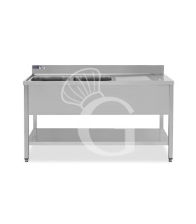 Spültisch, Edelstahl, 2 Becken, 1 Abtropffläche, Grundboden, Aufkantung, Hahnloch Ø 32 mm, B 1400 mm x T 600 mm x H 965 mm