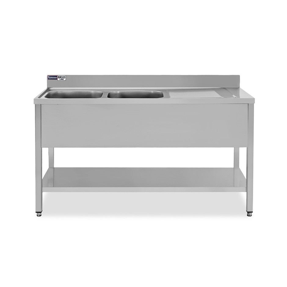 Spültisch, Edelstahl, 2 Becken, 1 Abtropffläche, Grundboden, Aufkantung, Hahnloch Ø 32 mm, B 1400 mm x T 600 mm x H 965 mm