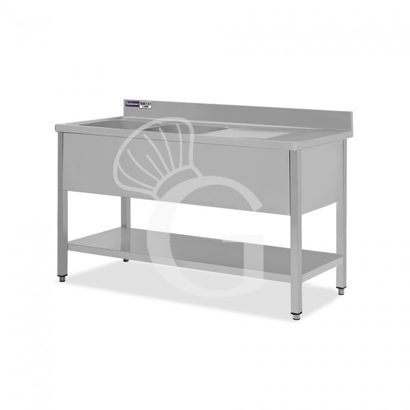 Spültisch, Edelstahl, Grundboden, Aufkantung, 2 Becken, Abtropffläche rechts, Hahnloch (Ø 32 mm), B 1400 x T 700 x H 965 mm