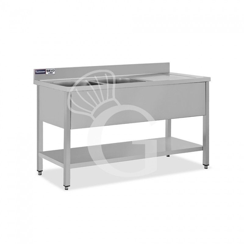 Spültisch, Edelstahl, Grundboden, Aufkantung, 2 Becken, Abtropffläche rechts, Hahnloch (Ø 32 mm), B 1400 x T 700 x H 965 mm