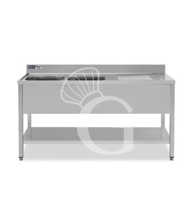 Spültisch, Edelstahl, 2 Becken, Abtropffläche rechts, Grundboden, Aufkantung, Hahnloch Ø 32 mm, B 1600 mm x T 600 mm x H 965 mm
