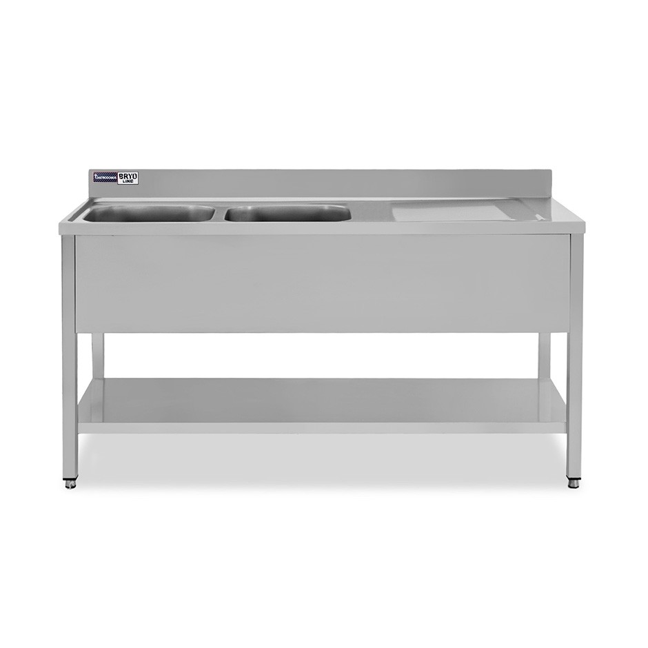 Spültisch, Edelstahl, 2 Becken, Abtropffläche rechts, Grundboden, Aufkantung, Hahnloch Ø 32 mm, B 1600 mm x T 600 mm x H 965 mm