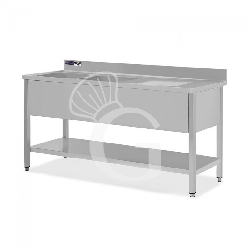 Spültisch, Edelstahl, Grundboden, Aufkantung, 2 Becken, Abtropffläche rechts, Hahnloch (Ø 32 mm), B 2000 x T 700 x H 965 mm