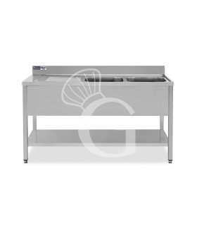 Spültisch, Edelstahl, 2 Becken, Abtropffläche links, Grundboden, Aufkantung, Hahnloch Ø 32 mm, B 1400 mm x T 600 mm x H 965 mm