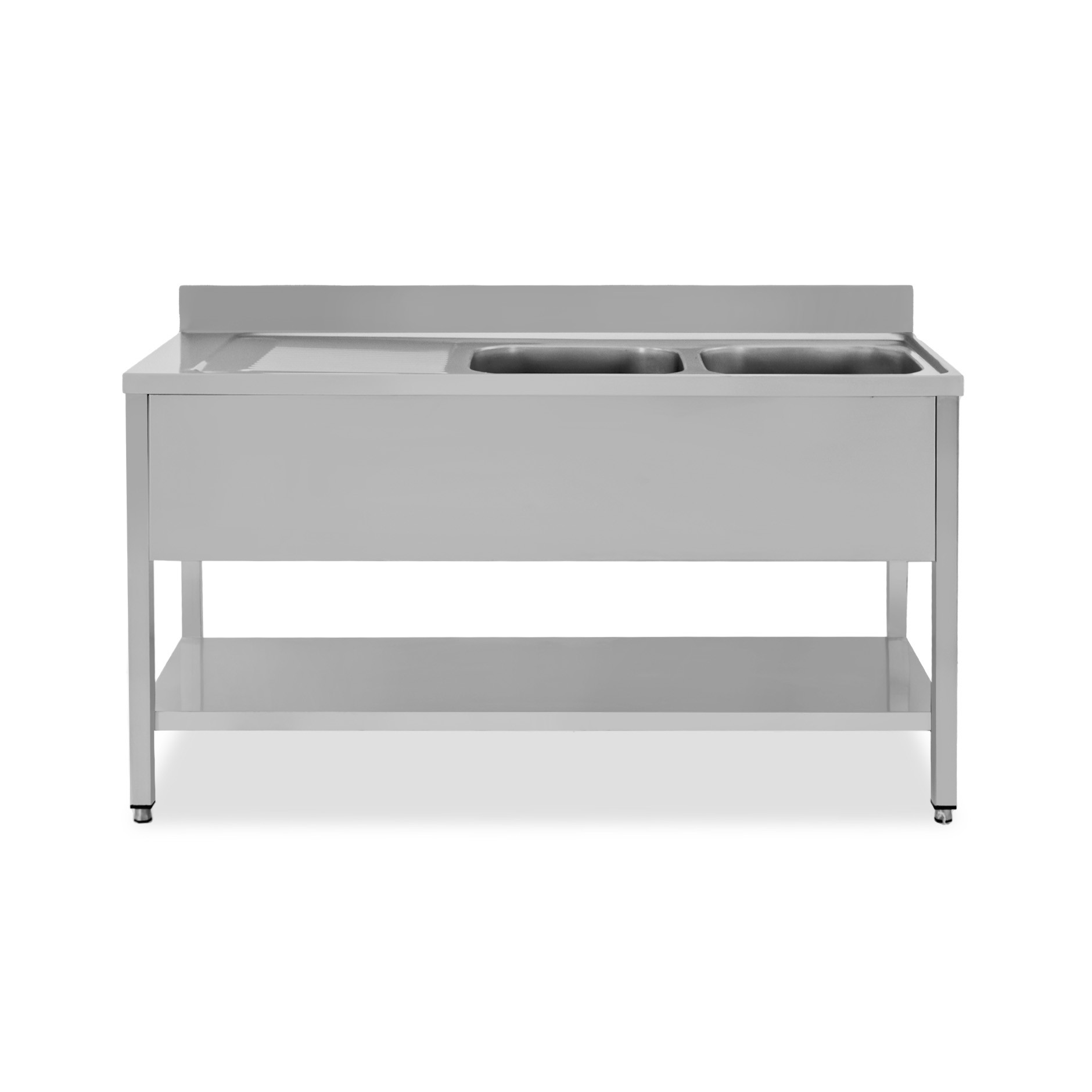 Edelstahl – Spültisch – Grundboden – Aufkantung – 2 Becken – Ablage links – B 1500 mm x T 700 mm x H 950 mm