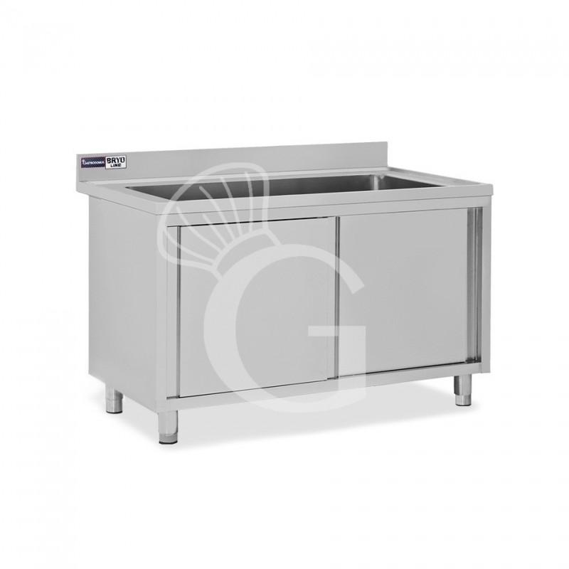 Topf-Spülschrank, Edelstahl, 2 Schiebetüren, 1 Becken, Aufkantung, B 1200 x T 600 x H 965 mm, Hahnloch (Ø 32 mm)