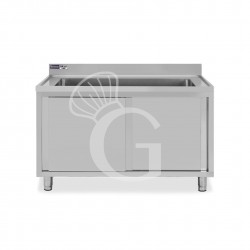 Spülschrank, Edelstahl, 2 Schiebetüren, 1 Becken, Aufkantung, Hahnloch Ø 32 mm, B 1000 mm x T 700 mm x H 965 mm