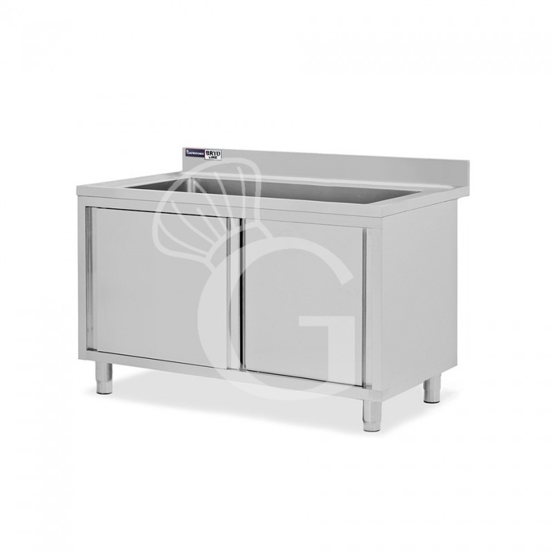 Topf-Spülschrank, Edelstahl, Schiebetüren, 1 Becken, Aufkantung, Hahnloch Ø 32 mm, B 1200 mm x T 700 mm x H 965 mm