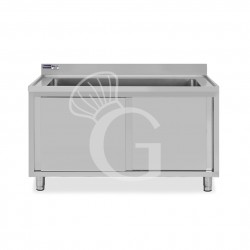 Topf-Spülschrank, Edelstahl, 2 Schiebetüren, 1 Becken, Aufkantung, B 1400 x T 600 x H 965 mm, Hahnloch (Ø 32 mm)