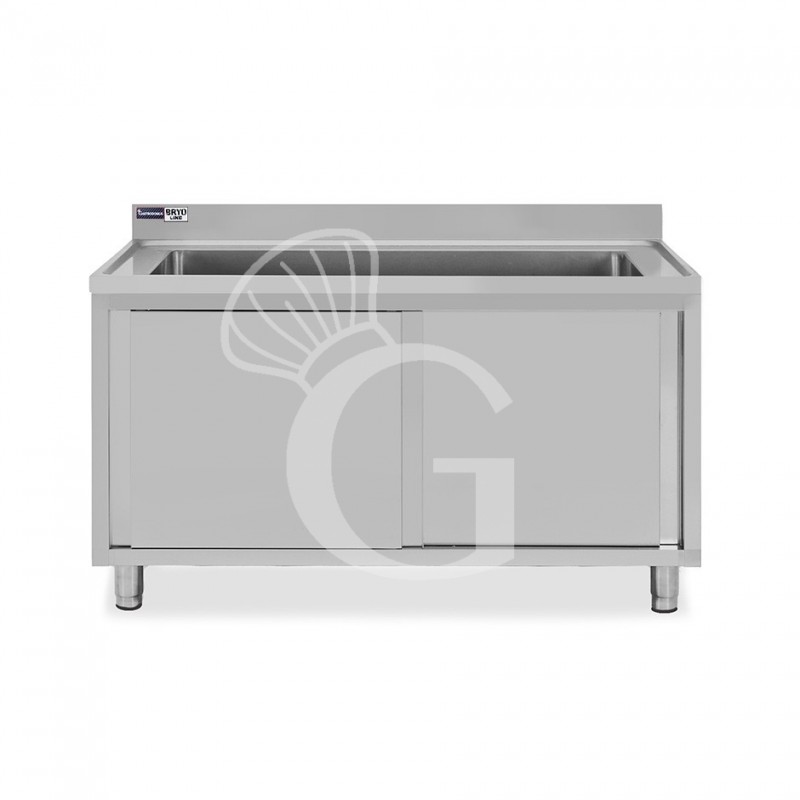 Topf-Spülschrank, Edelstahl, Schiebetüren, 1 Becken, Aufkantung, Hahnloch Ø 32 mm, B 1700 mm x T 700 mm x H 965 mm Topf-Spülschrank, Edelstahl, Schiebetüren, 1 Becken, Aufkantung, Hahnloch Ø 32 mm, B 1700 mm x T 700 mm x H 965 mm