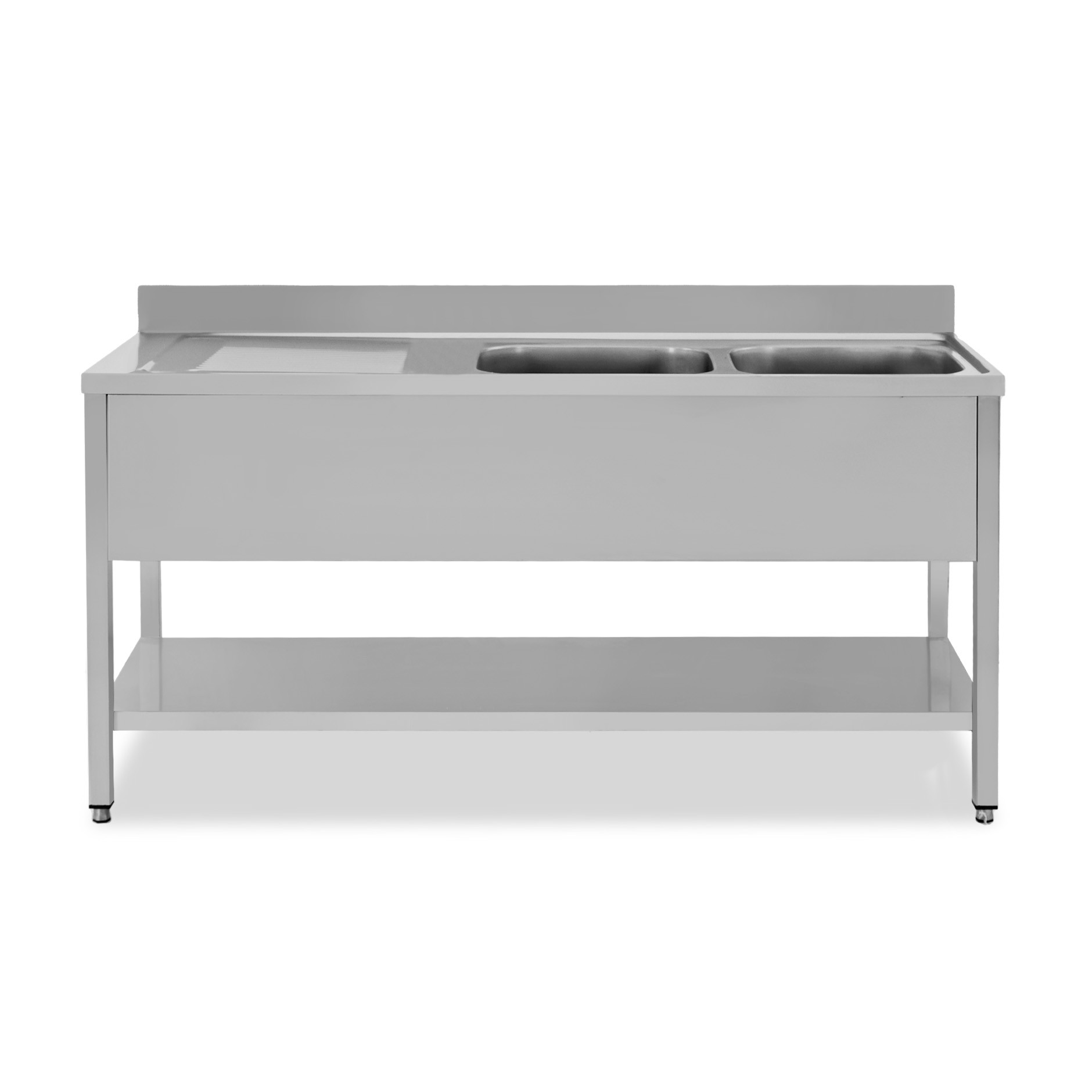 Edelstahl – Spültisch – Grundboden – Aufkantung – 2 Becken – Ablage links – B 1900 mm x T 700 mm x H 950 mm