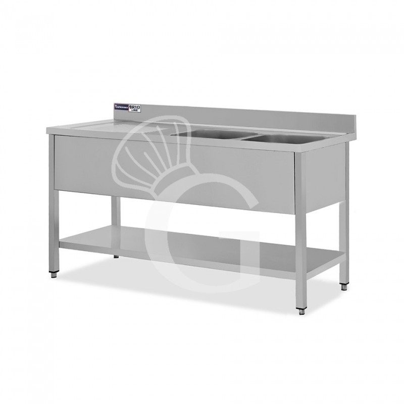 Spültisch, Edelstahl, 2 Becken, Abtropffläche links, Grundboden, Aufkantung, Hahnloch Ø 32 mm, B 1600 mm x T 700 mm x H 965 mm
