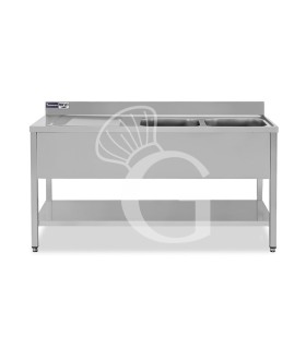 Spültisch, Edelstahl, 2 Becken, Abtropffläche links, Grundboden, Aufkantung, Hahnloch Ø 32 mm, B 1600 mm x T 700 mm x H 965 mm