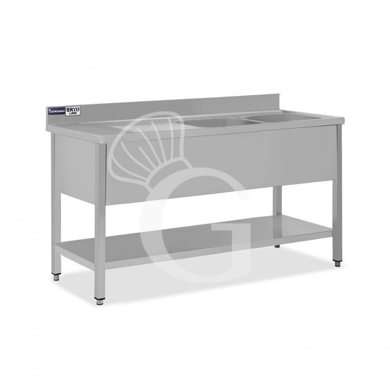 Spültisch, Edelstahl, 2 Becken, Abtropffläche links, Grundboden, Aufkantung, Hahnloch Ø 32 mm, B 1600 mm x T 700 mm x H 965 mm