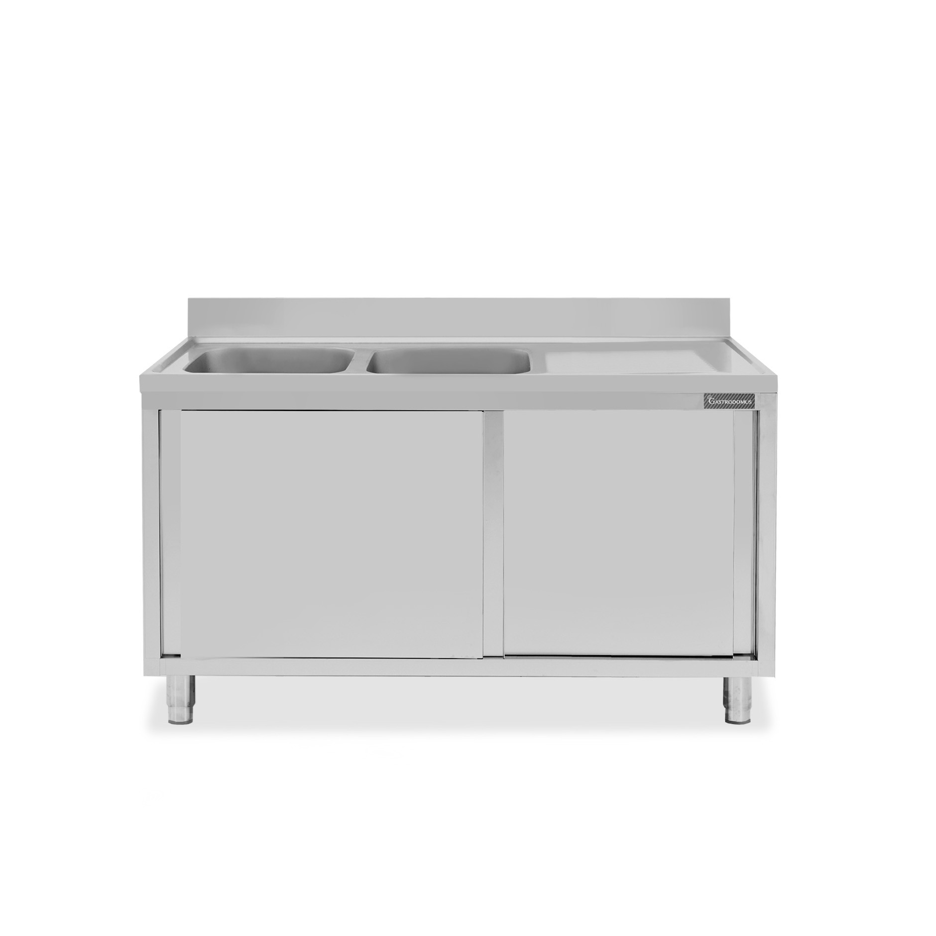 Spülschrank, Edelstahl, Abtropffläche rechts, Schiebetüren, 2 Becken, Aufkantung, B 1500 mm x T 600 mm x H 950 mm