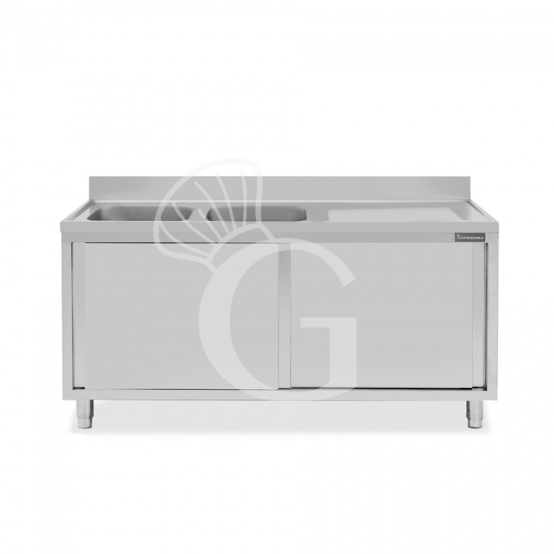 Spülschrank, Edelstahl, Abtropffläche rechts, Schiebetüren, 2 Becken, Aufkantung, B 1600 mm x T 700 mm x H 950 mm