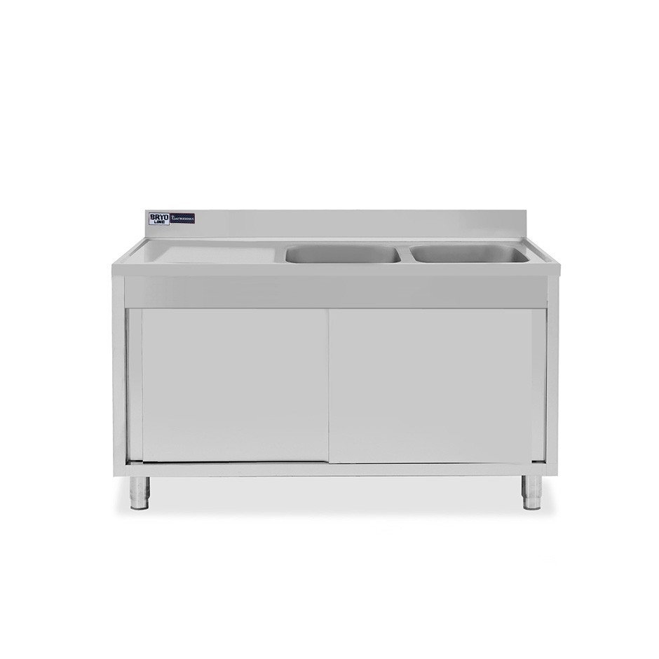 Spülschrank, Edelstahl, Schiebetüren, 2 Becken, Abtropffläche links, Aufkantung, Hanhloch Ø 32 mm, B 1400 x T 600 x H 965 mm