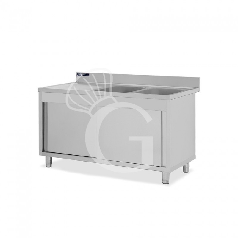 Spülschrank, Edelstahl, Schiebetüren, 2 Becken, Abtropffläche links, Aufkantung, Hahnloch Ø 32 mm, B 1500 x T 600 x H 965 mm