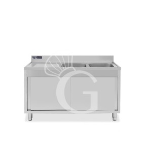 Spülschrank, Edelstahl, Schiebetüren, 2 Becken, Abtropffläche links, Aufkantung, Hahnloch Ø 32 mm, B 1500 x T 600 x H 965 mm