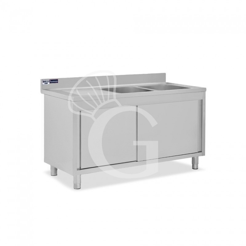 Spülschrank, Edelstahl, Schiebetüren, 2 Becken, Abtropffläche links, Aufkantung, Hahnloch Ø 32 mm, B 1500 x T 600 x H 965 mm