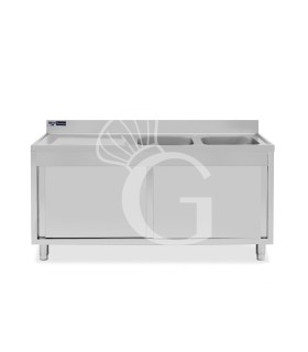 Spülschrank, Edelstahl, Schiebetüren, 2 Becken, Abtropffläche links, Aufkantung, Hahnloch Ø 32 mm, B 1600 x T 700 x H 965 mm
