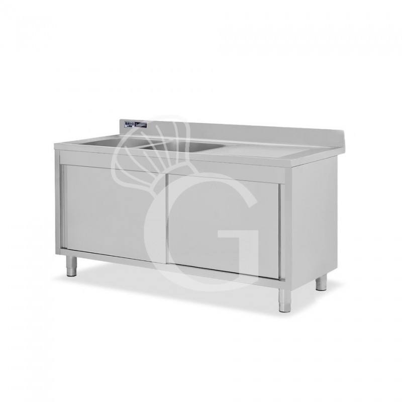 Spülschrank, Edelstahl, Schiebetüren, 2 Becken, Abtropffläche rechts, Aufkantung, Hahnloch Ø 32 mm, B 1600 x T 600 x H 965 mm