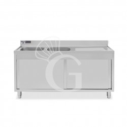 Spülschrank, Edelstahl, Schiebetüren, 2 Becken, Abtropffläche rechts, Aufkantung, Hahnloch Ø 32 mm, B 1600 x T 600 x H 965 mm