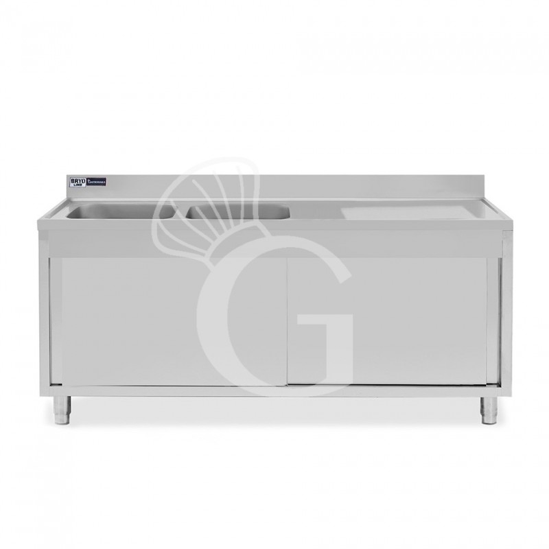 Spülschrank, Edelstahl, Schiebetüren, 2 Becken, Abtropffläche rechts, Aufkantung, Hahnloch Ø 32 mm, B 2000 x T 600 x H 965 mm