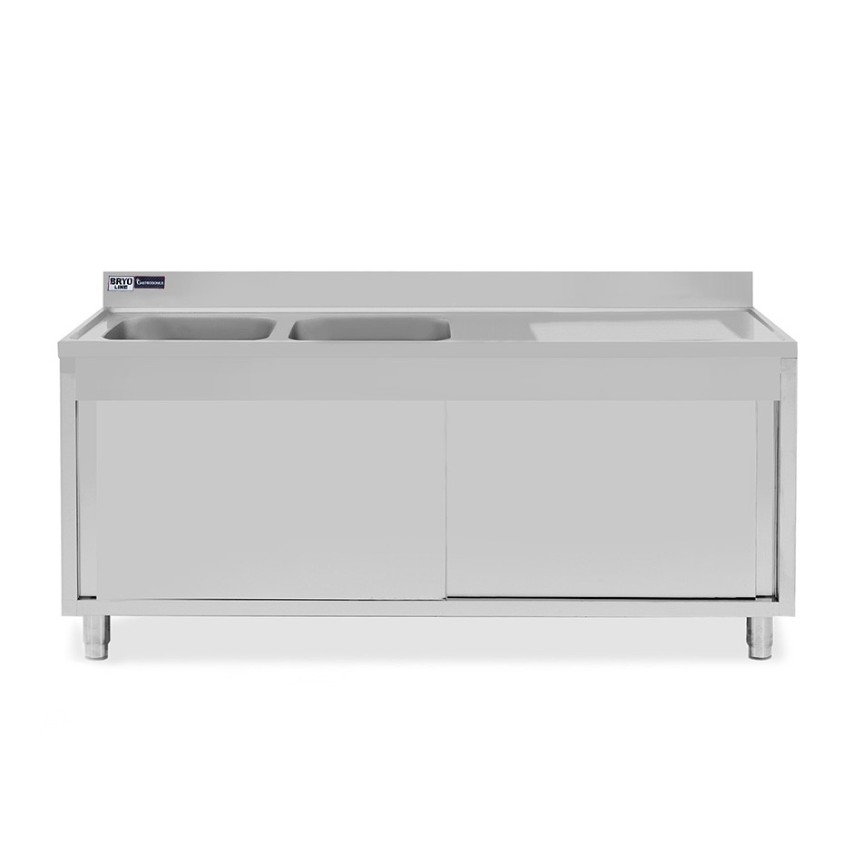 Spülschrank, Edelstahl, Schiebetüren, 2 Becken, Abtropffläche rechts, Aufkantung, Hahnloch Ø 32 mm, B 2000 x T 600 x H 965 mm