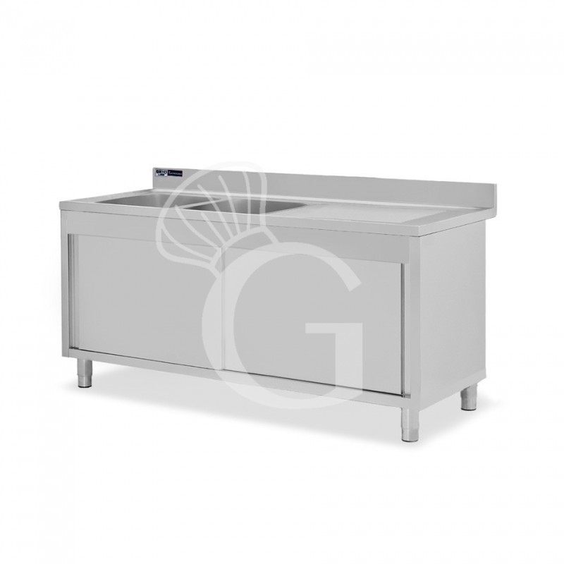 Spülschrank, Edelstahl, Schiebetüren, 2 Becken, Abtropffläche rechts, Aufkantung, Hahnloch Ø 32 mm, B 2000 x T 600 x H 965 mm