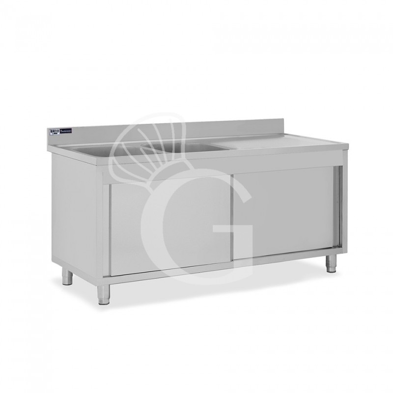 Spülschrank, Edelstahl, Schiebetüren, 2 Becken, Abtropffläche rechts, Aufkantung, Hahnloch Ø 32 mm, B 2000 x T 600 x H 965 mm