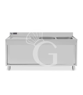 Spülschrank, Edelstahl, Schiebetüren, 2 Becken, Abtropffläche links, Aufkantung, Hahnloch Ø 32 mm, B 1800 x T 700 x H 965 mm