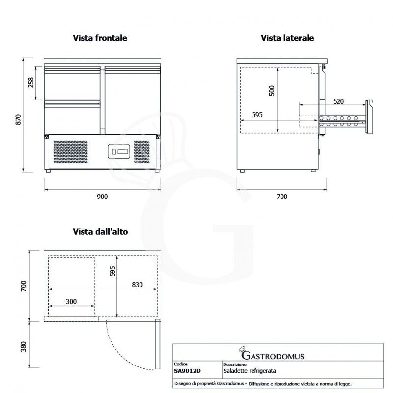 Kühltisch / Saladette, statisch, 1 Tür, 2 Schubladen, Temperatur +2°C/+8°C, Arbeitsplatte aus Edelstahl