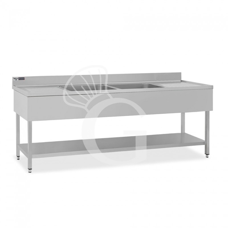 Spültisch, Edelstahl, Grundboden, Aufkantung, 2 Becken, 2 Abtropfflächen, Hahnloch (Ø 32 mm), B 2200 mm x T 700 mm x H 965 mm