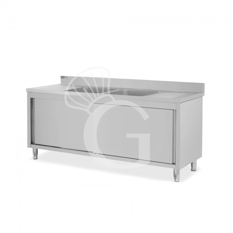 Spülschrank, Edelstahl, Schiebetüren, 2 Becken, 2 Abtropfflächen, Aufkantung, Hahnloch Ø 32 mm, B 2000 x T 600 x H 965 mm