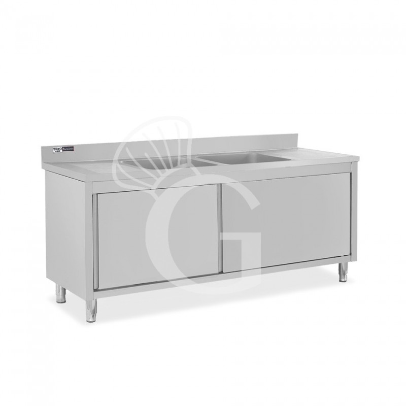 Spülschrank, Edelstahl, Schiebetüren, 2 Becken, 2 Abtropfflächen, Aufkantung, Hahnloch Ø 32 mm, B 2000 x T 600 x H 965 mm