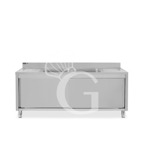 Spülschrank, Edelstahl, Schiebetüren, 2 Becken, 2 Abtropfflächen, Aufkantung, Hahnloch Ø 32 mm, B 2000 x T 700 x H 965 mm