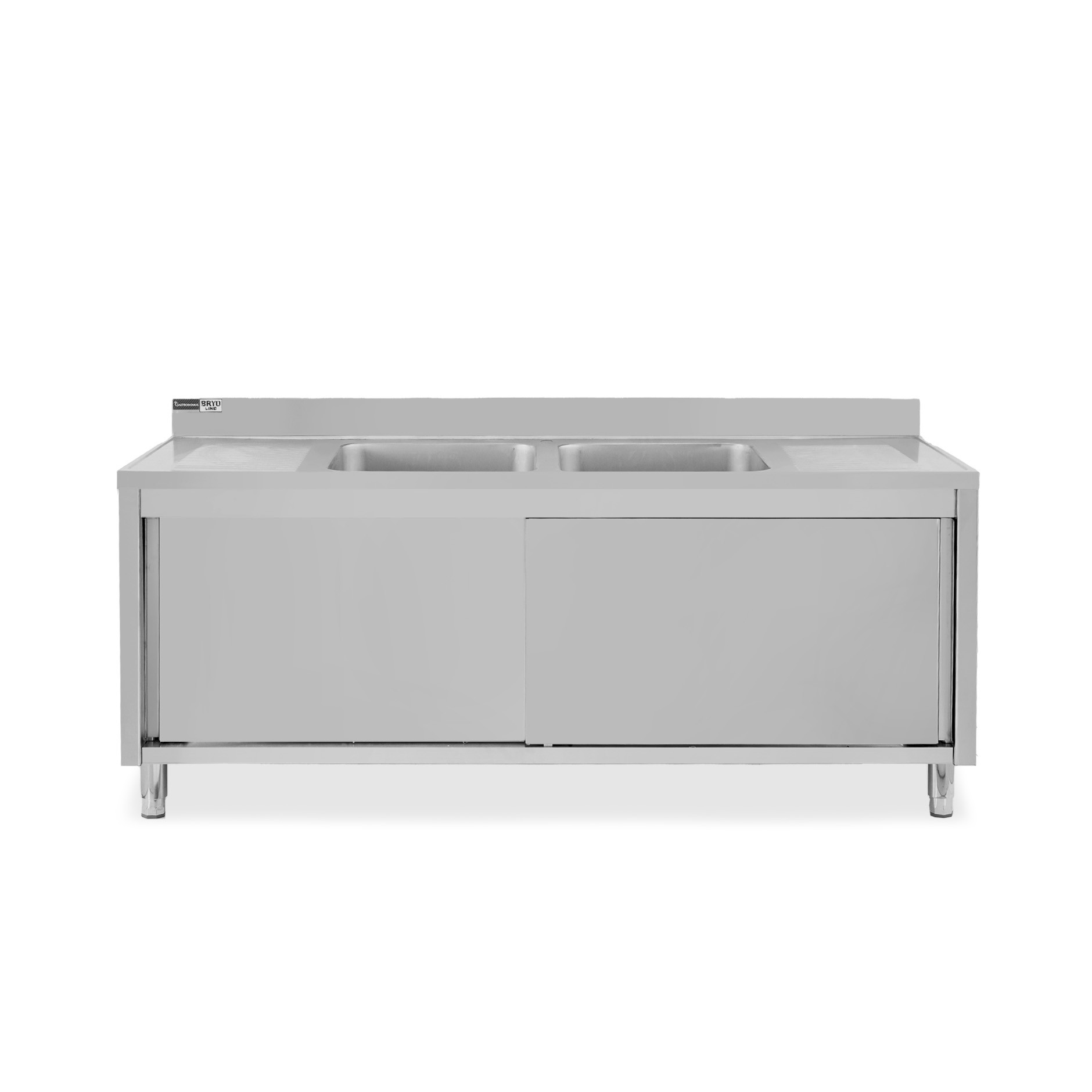 Spülschrank, Edelstahl, Schiebetüren, 2 Becken, 2 Abtropfflächen, Aufkantung, Hahnloch Ø 32 mm, B 2000 x T 700 x H 965 mm