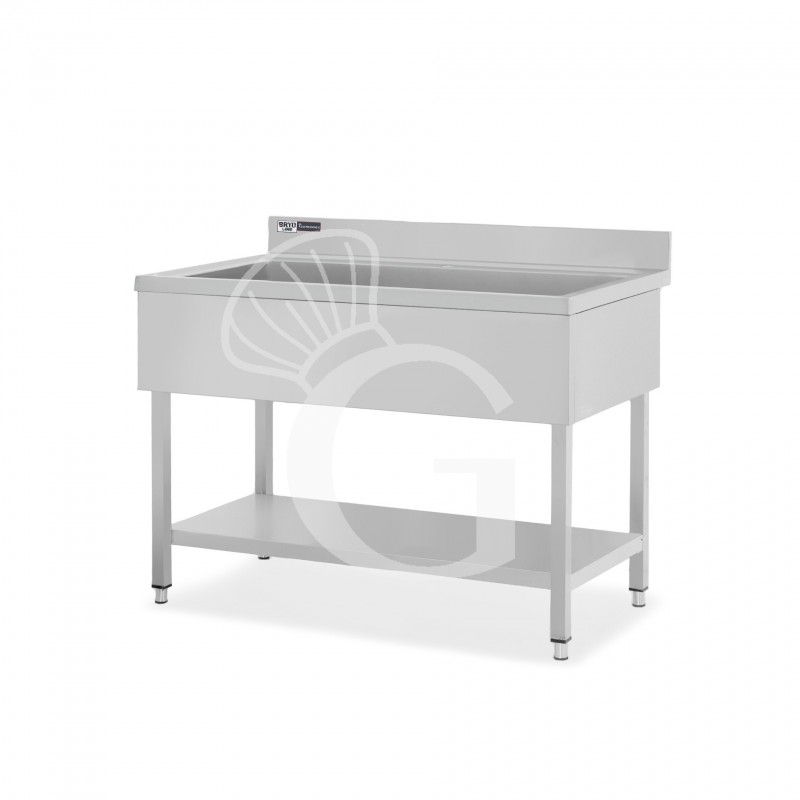 Topfspültisch, Edelstahl, 1 Grundboden, Aufkantung, 1 Becken, B 1200 mm x T 700 mm x H 965 mm, mit Hahnloch (Ø 32 mm)