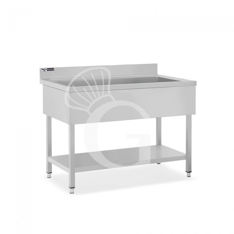 Topfspültisch, Edelstahl, 1 Grundboden, Aufkantung, 1 Becken, B 1200 mm x T 700 mm x H 965 mm, mit Hahnloch (Ø 32 mm)