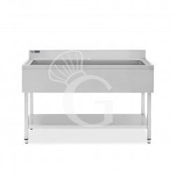 Topfspültisch, Edelstahl, 1 Grundboden, Aufkantung, 1 Becken, B 1400 mm x T 600 mm x H 965 mm, mit Hahnloch (Ø 32 mm)