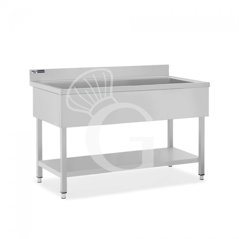 Topfspültisch, Edelstahl, 1 Grundboden, Aufkantung, 1 Becken, B 1400 mm x T 600 mm x H 965 mm, mit Hahnloch (Ø 32 mm)