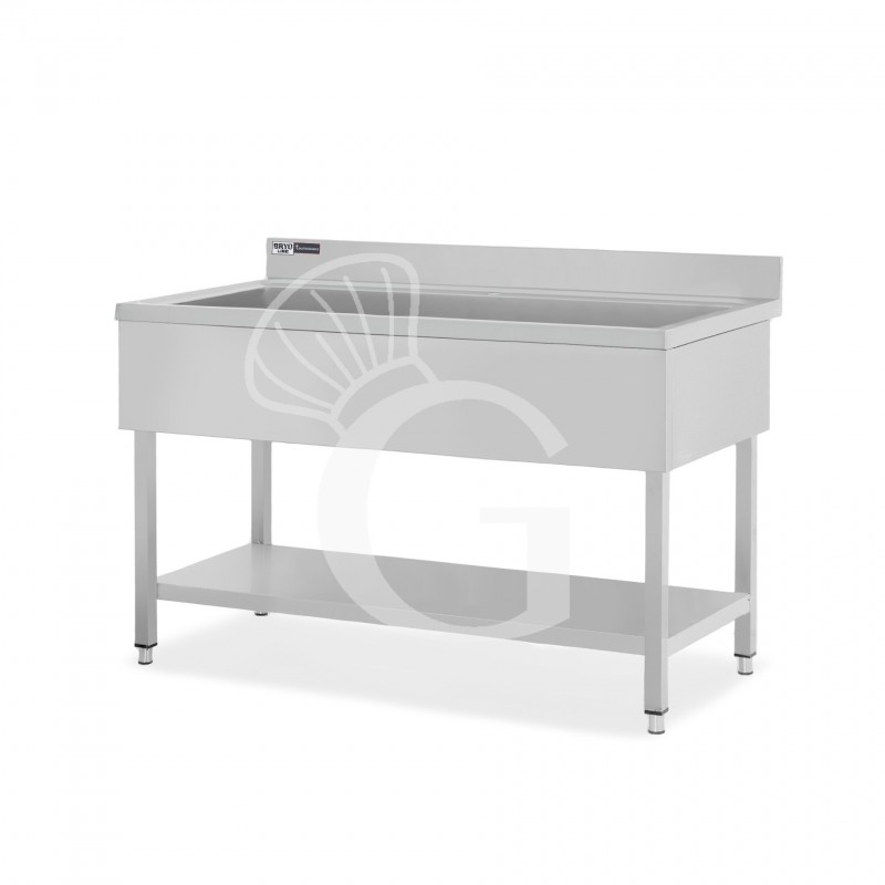 Topfspültisch, Edelstahl, 1 Grundboden, Aufkantung, 1 Becken, B 1400 mm x T 600 mm x H 965 mm, mit Hahnloch (Ø 32 mm)