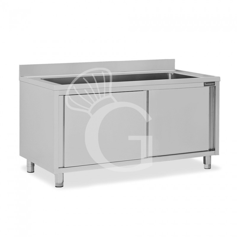 Topf-Spülschrank, Edelstahl, Schiebetüren, 1 Becken, Aufkantung, B 2000 mm x T 600 mm x H 950 mm