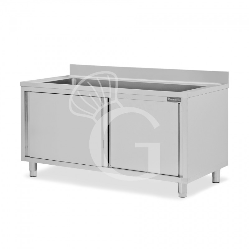 Topf-Spülschrank, Edelstahl, Schiebetüren, 1 Becken, Aufkantung, B 2000 mm x T 600 mm x H 950 mm