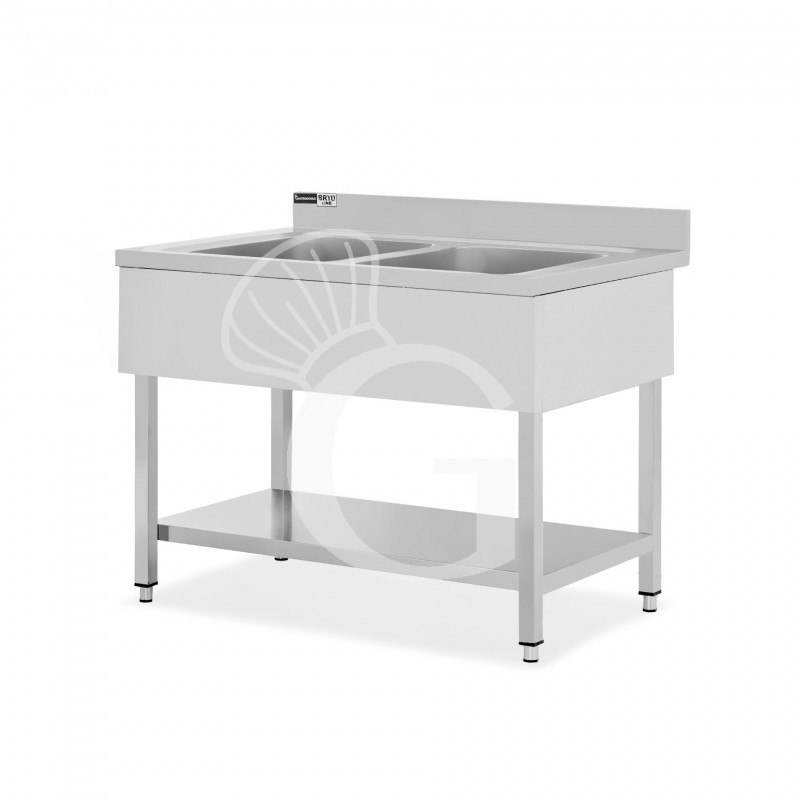 Spültisch, Edelstahl, 2 Becken, Grundboden, Aufkantung, Hahnloch Ø 32 mm, B 1000 mm x T 600 mm x H 965 mm