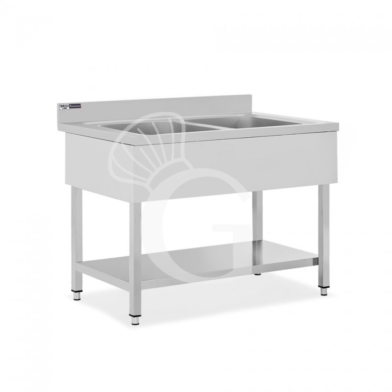 Spültisch, Edelstahl, 2 Becken, Grundboden, Aufkantung, Hahnloch Ø 32 mm, B 1000 mm x T 600 mm x H 965 mm