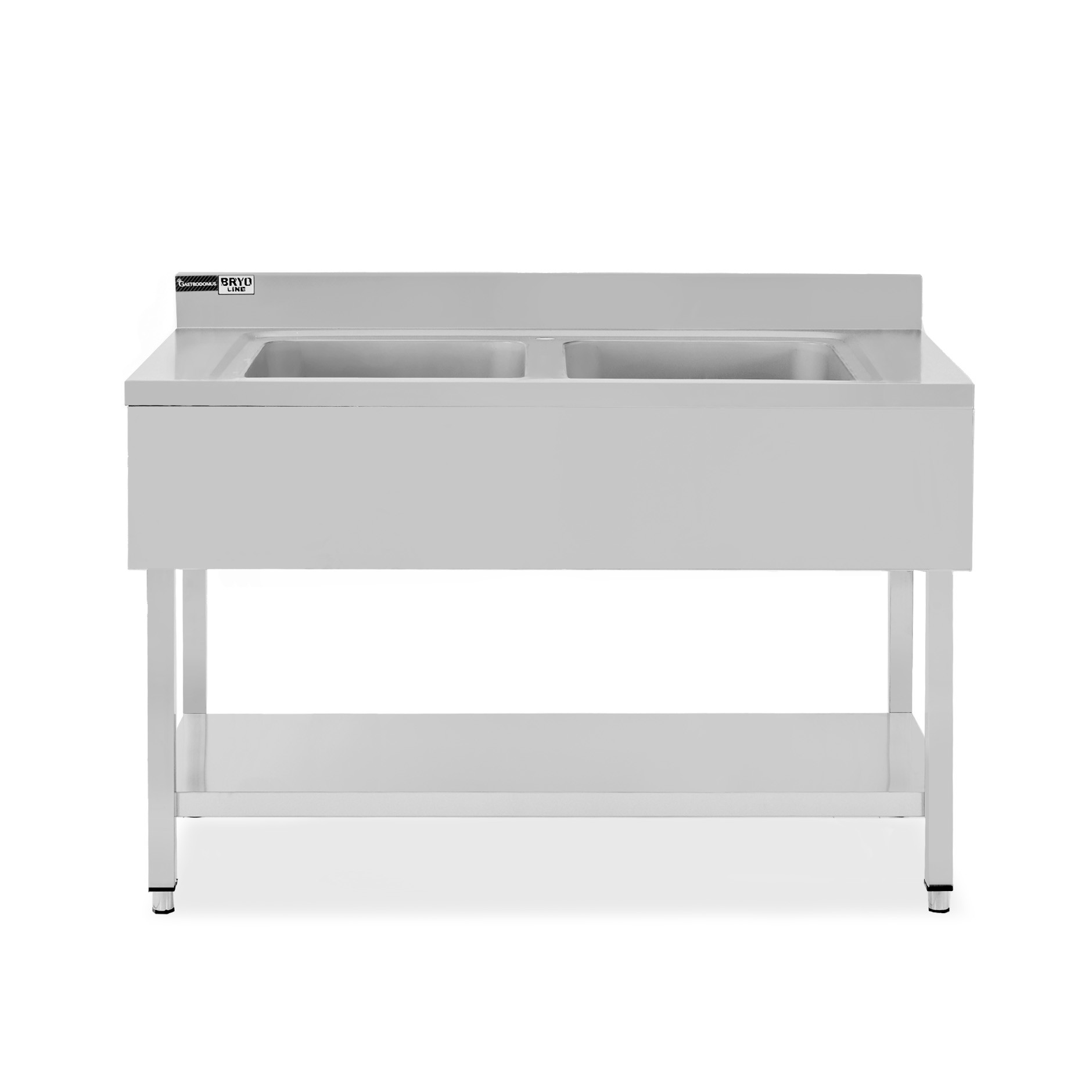 Spültisch, Edelstahl, 2 Becken, Grundboden, Aufkantung, Hahnloch Ø 32 mm, B 1200 mm x T 600 mm x H 965 mm