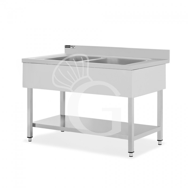 Spültisch, 2 Becken, Grundboden, Aufkantung, Hahnloch Ø 32 mm, B 1200 mm x T 700 mm x H 965 mm