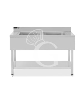 Spültisch, 2 Becken, Grundboden, Aufkantung, Hahnloch Ø 32 mm, B 1200 mm x T 700 mm x H 965 mm